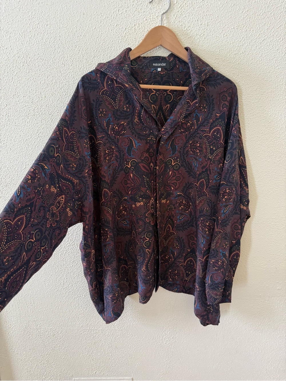 eskandar Printed Silk Button-Down Shirt with Oversized Billowy Collar 1 - Picture 2 of 5